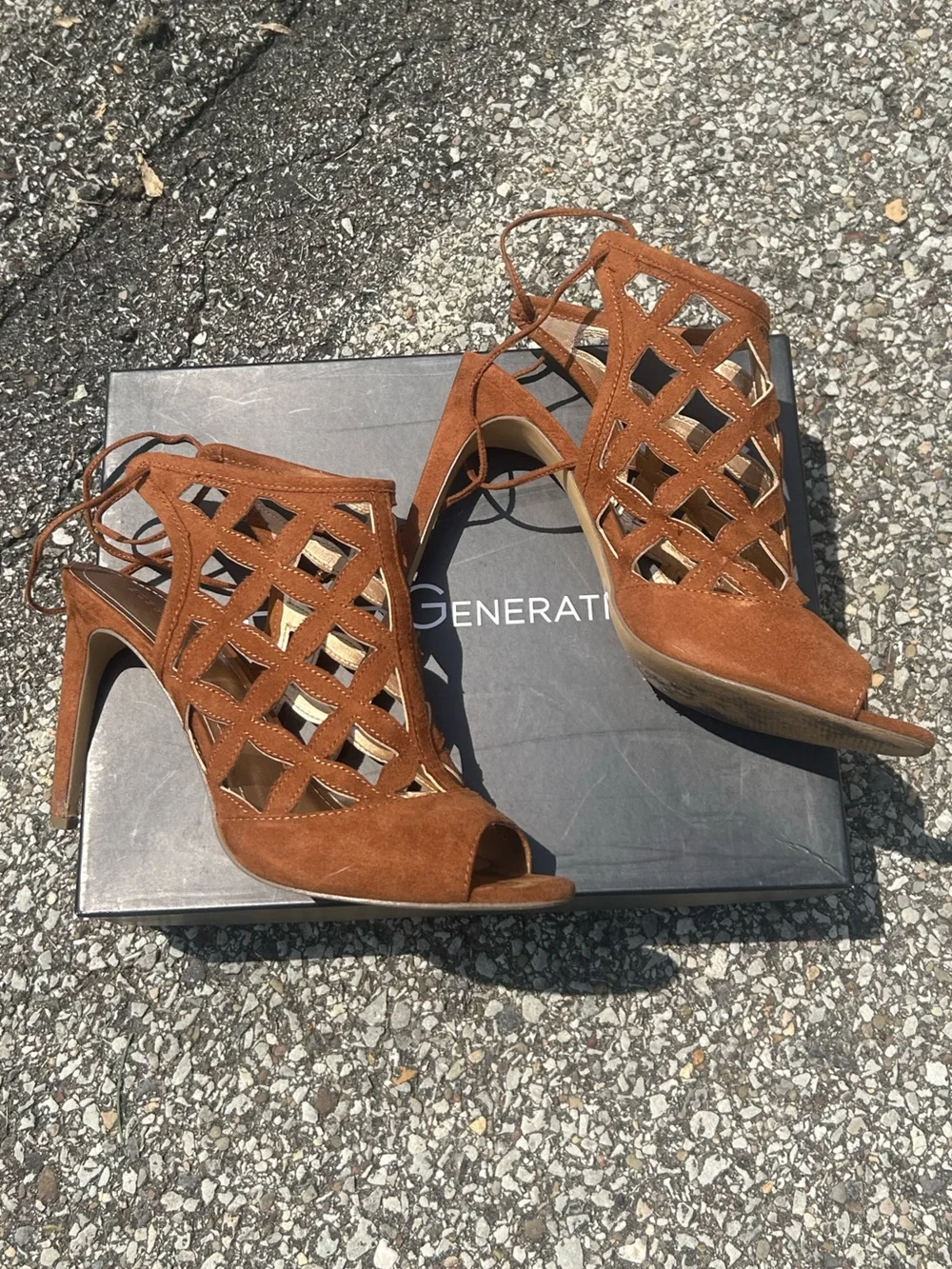 BCBGeneration Cognac Suede Strappy Peep-Toe Heels